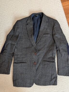 Jos. A. Bank Gray Windowpane Wool Sport Coat with Navy Elbow Patches